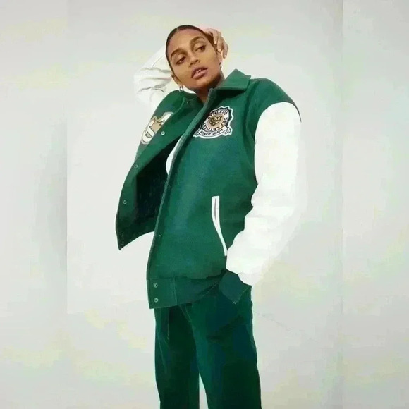 Garage Jackets & Blazers - Garage | Varsity Jacket, Size M/L, Green with ivory white faux leather sleeves